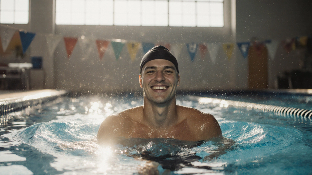 An adult swimmer smiling after completing a lap, sunlight glinting off the water.