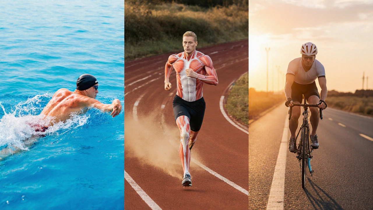 Artwork comparing swimming, running, and cycling with emphasized muscle activation.