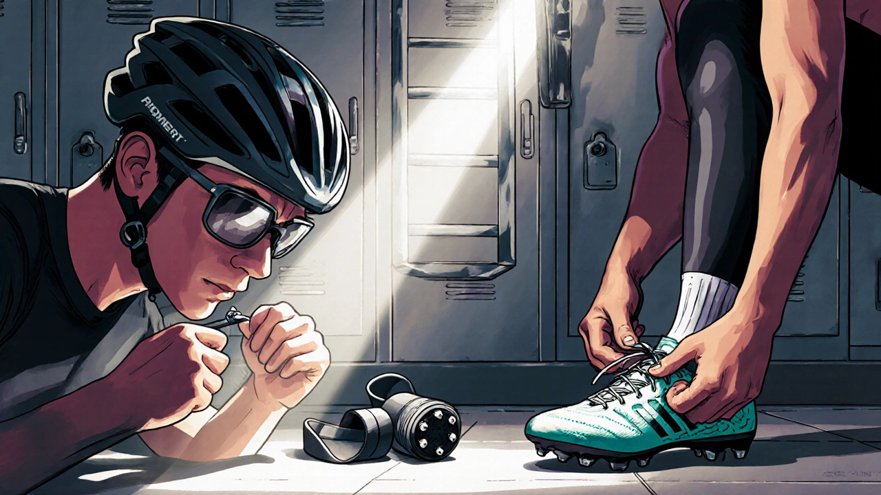 Athlete adjusting a helmet and lacing soccer cleats in a locker room with training gear nearby.