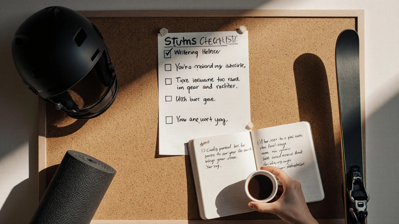 Checklist and notebook with coffee mug next to helmet and other gear.