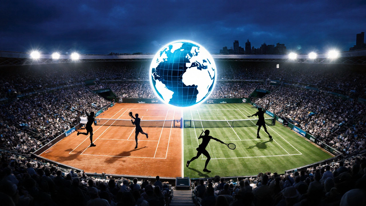 Collage of the four Grand Slam venues with male and female player silhouettes and a glowing globe.