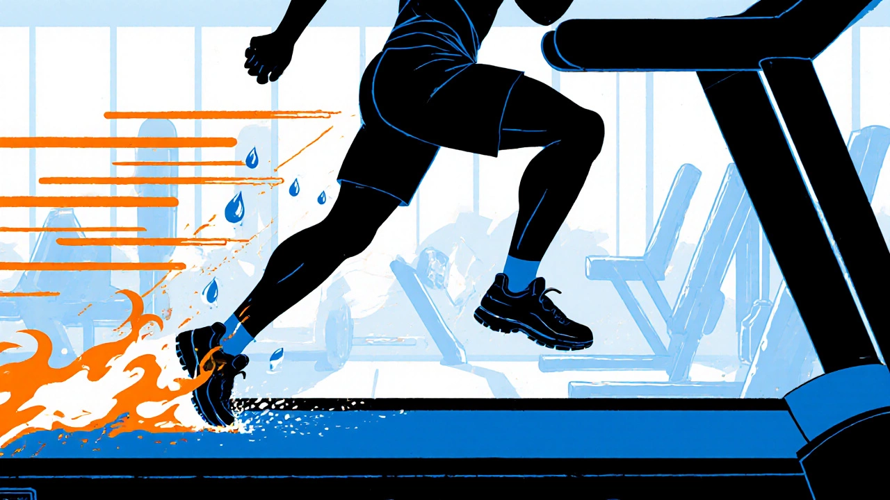 Comic‑style runner sprinting on a treadmill with motion lines and bright colors.