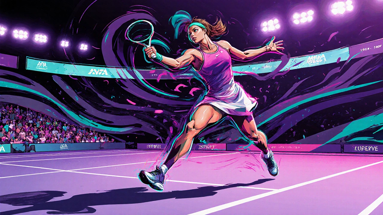 Female tennis star hitting a forehand on a stylized court with vibrant colors.