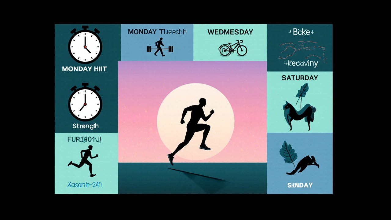 Flat‑design weekly schedule collage with icons for each workout day and a sunrise HIIT silhouette.