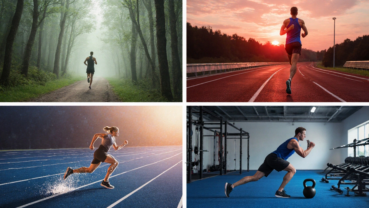 Four-panel illustration of long run, tempo, intervals, and strength training.