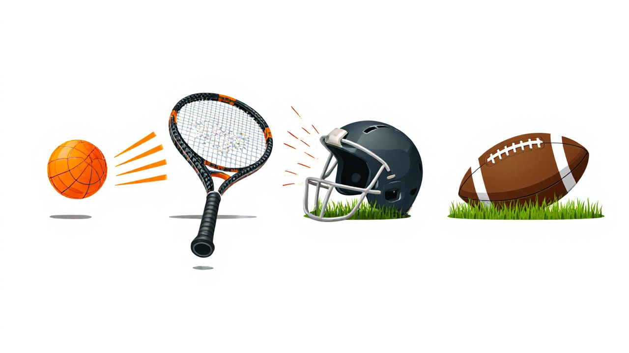 Four sports items shown in action: ball, racket, helmet, football.