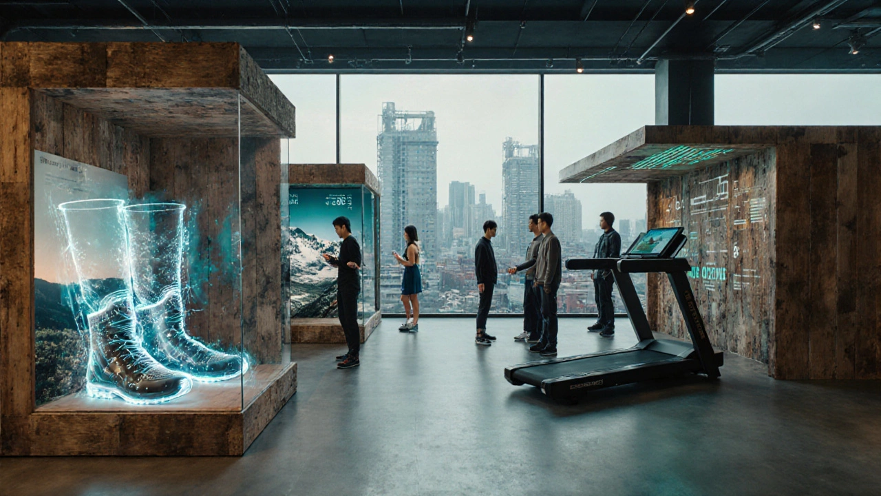 Futuristic showroom with holographic sports products and a view of a micro‑factory outside.