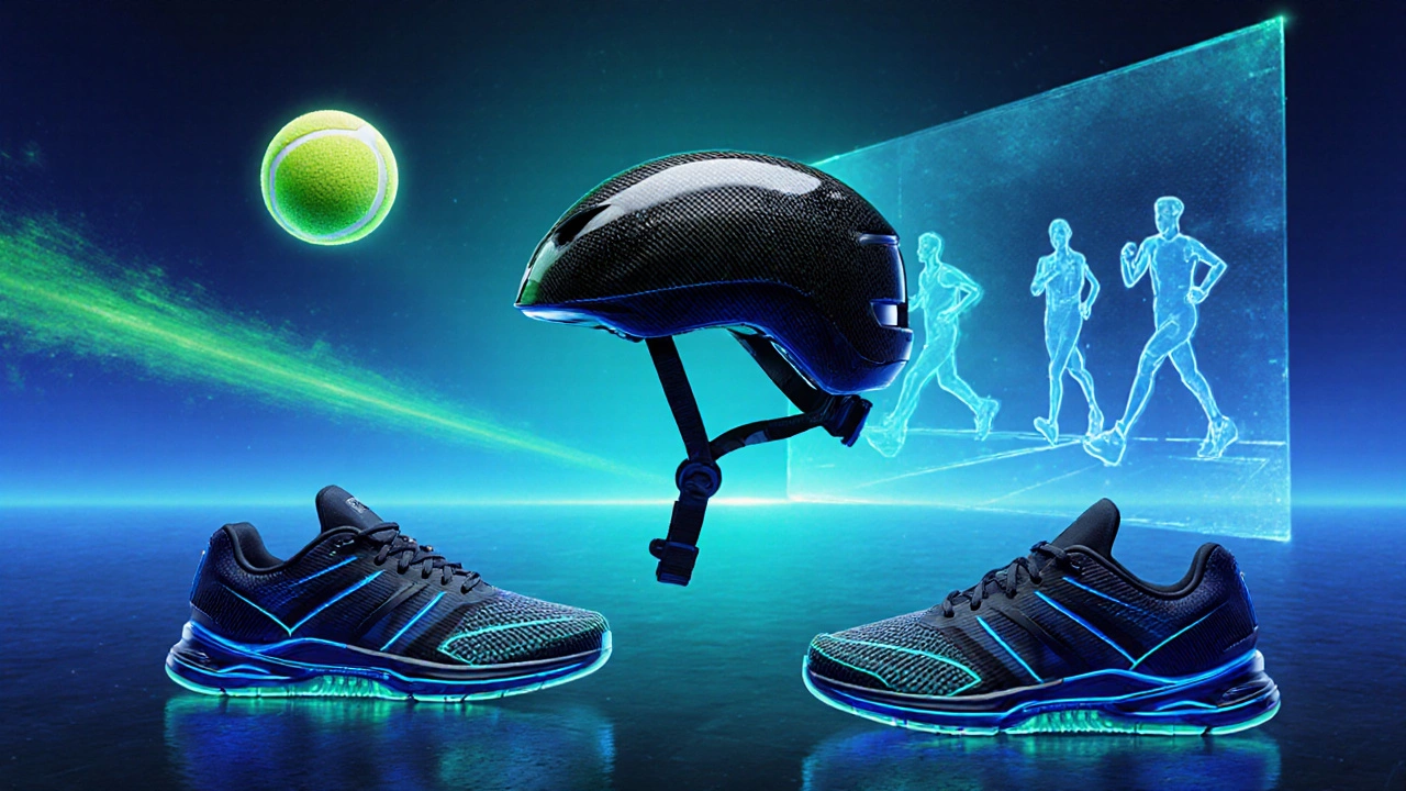 Futuristic sports equipment: 3D‑printed helmet, biodegradable ball, glowing smart shoes, and VR training hologram.