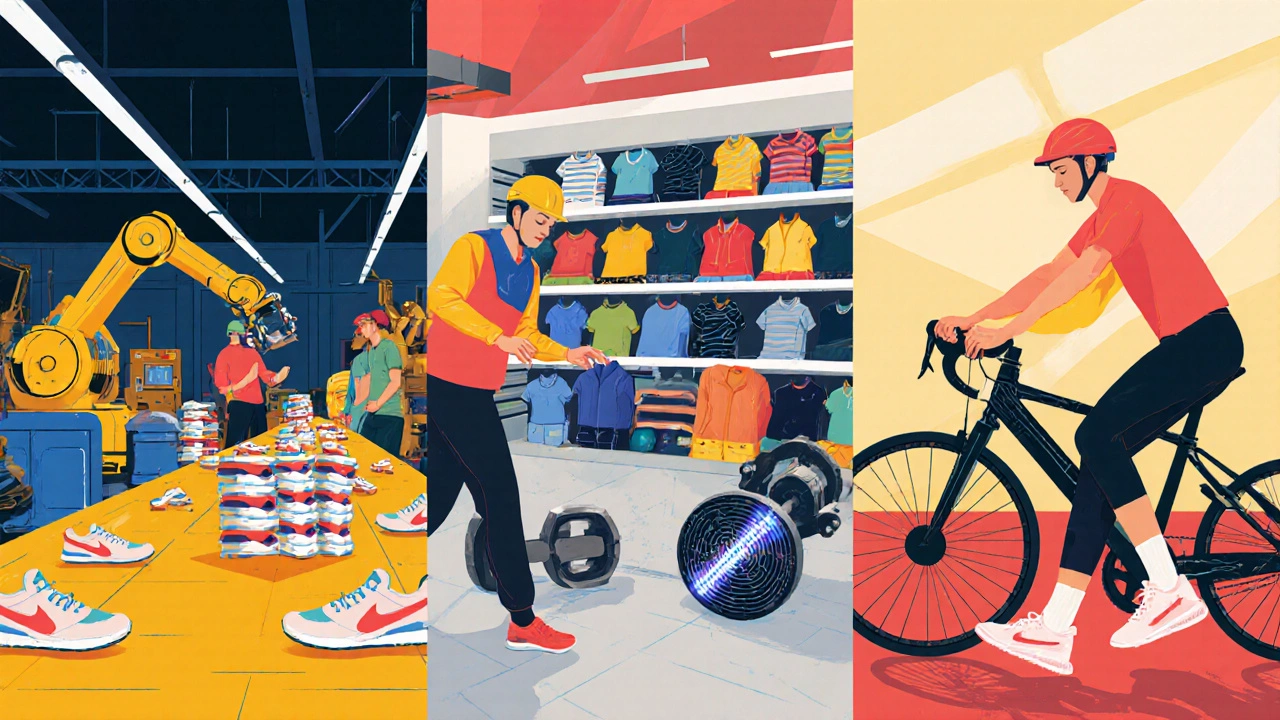Illustrated factory, retail aisle, and outdoor athletes using eco‑friendly sneakers and smart gear.