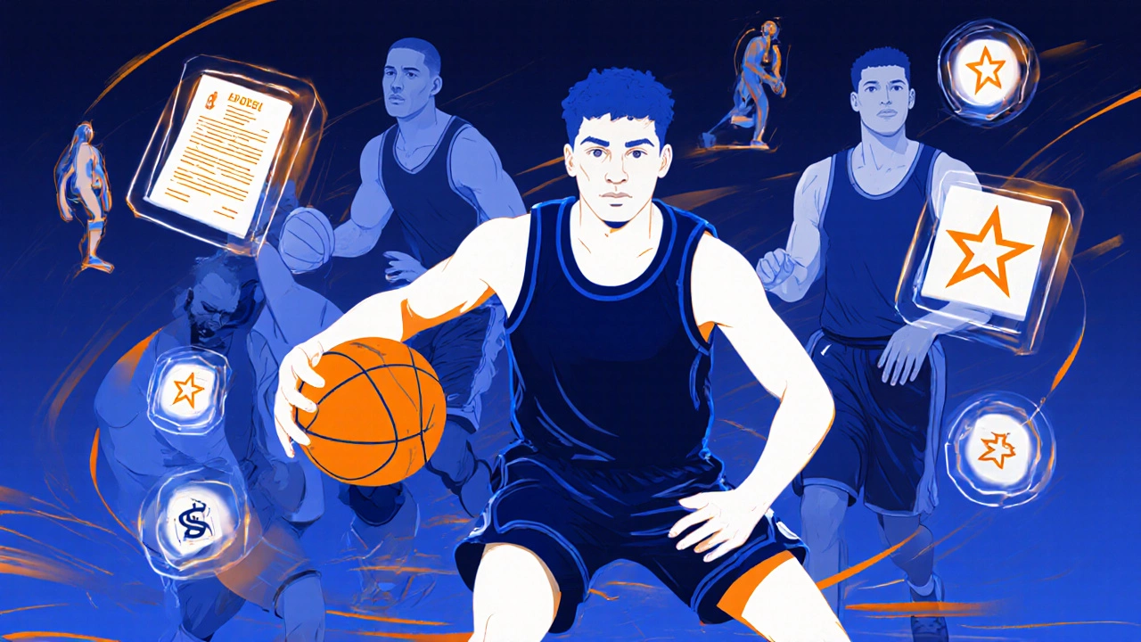 Illustration of a NextStars prospect driving past veteran players with abstract salary‑cap scale.