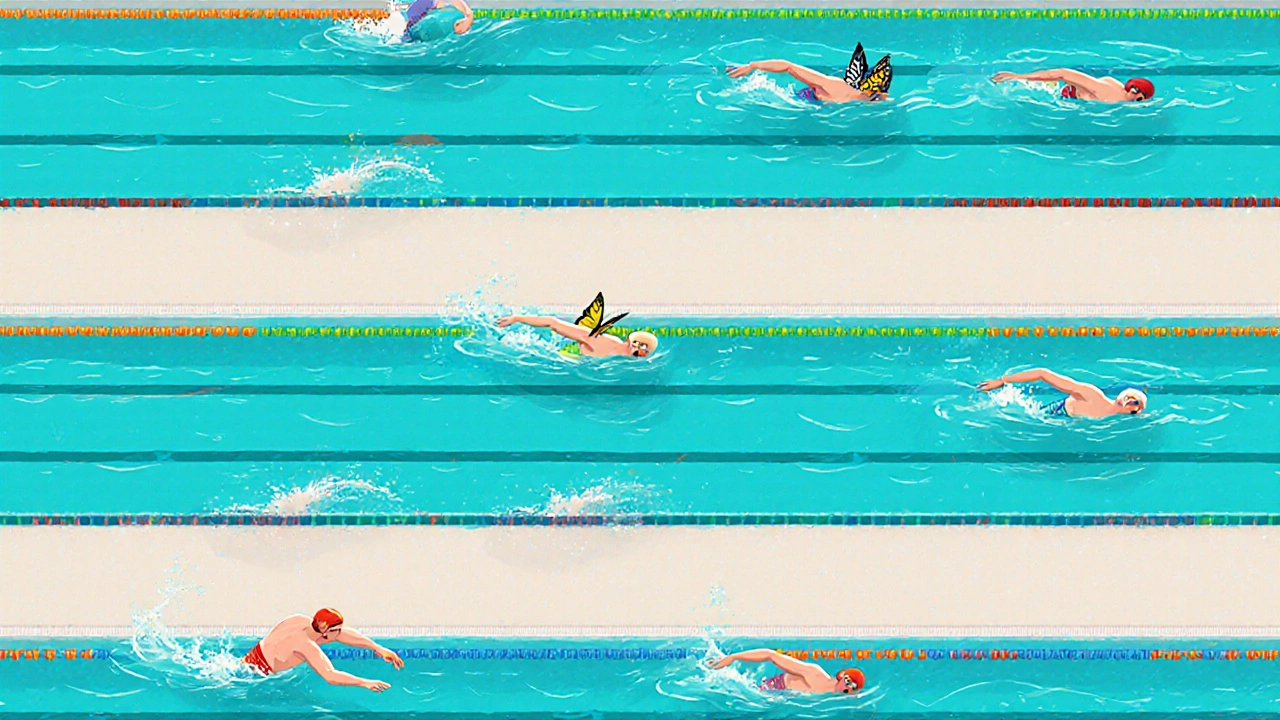 Illustration of four swimmers each using a different stroke in separate pool lanes.