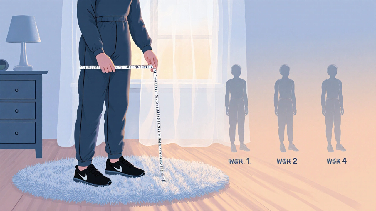 Individual measuring waist with a tape measure in soft morning light, hinting at progress.