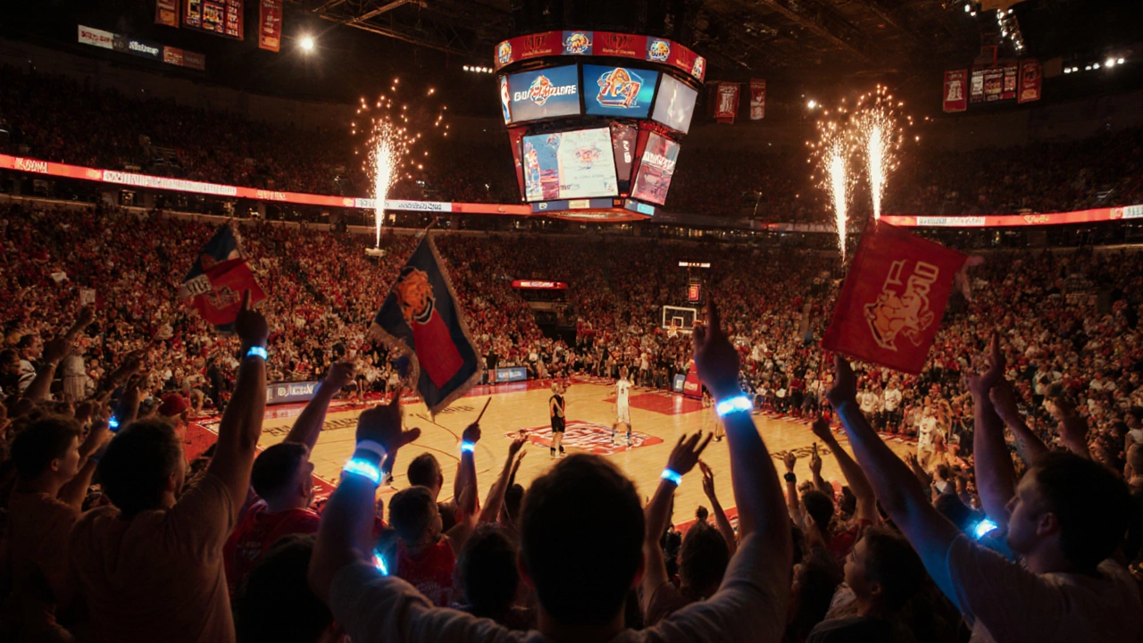 Night game atmosphere with excited fans, fireworks, and players in a warmly lit arena.