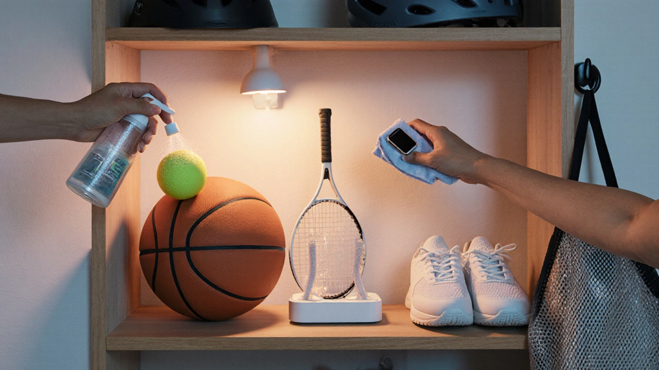 Organized home sports nook showing equipment being cleaned and stored with warm lighting.