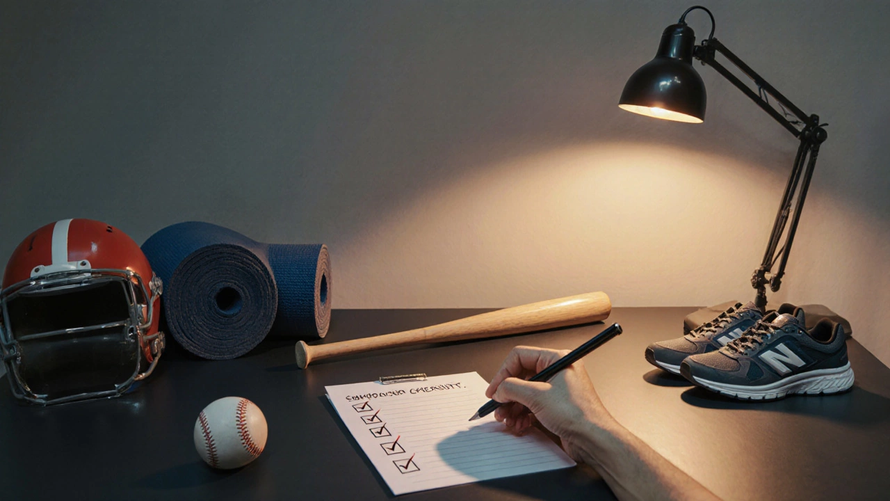 Person at a desk checking a list, surrounded by various sports equipment, choosing the right term.