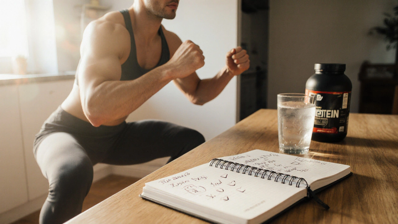 Person doing squats at home beside an open fitness journal and morning light.