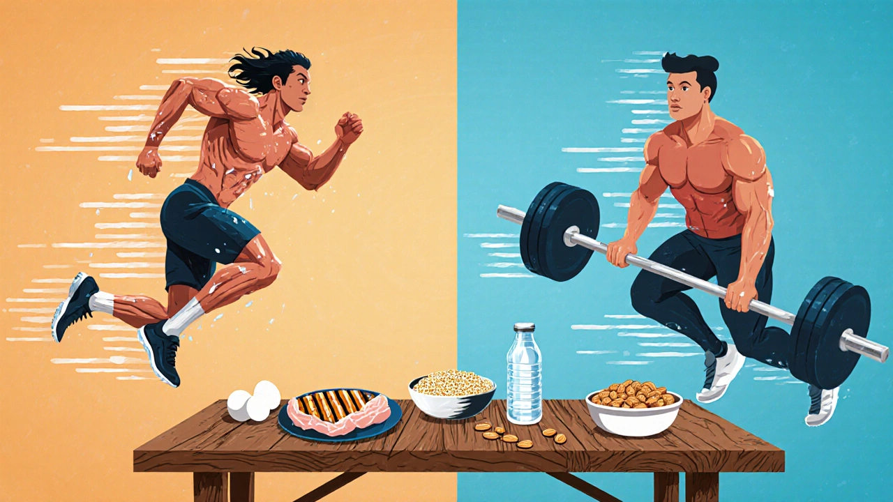 Person performing HIIT sprints and deadlifts, surrounded by protein foods and a water bottle.