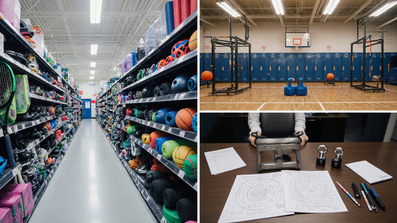 Retail aisle of sporting goods, a school gym inventory, and a legal desk with technical sports apparatus.