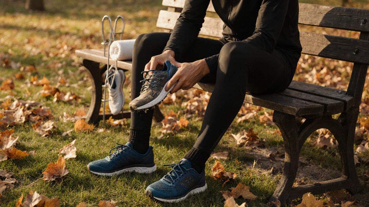 Runner comparing a worn shoe to a new pair on a park bench.