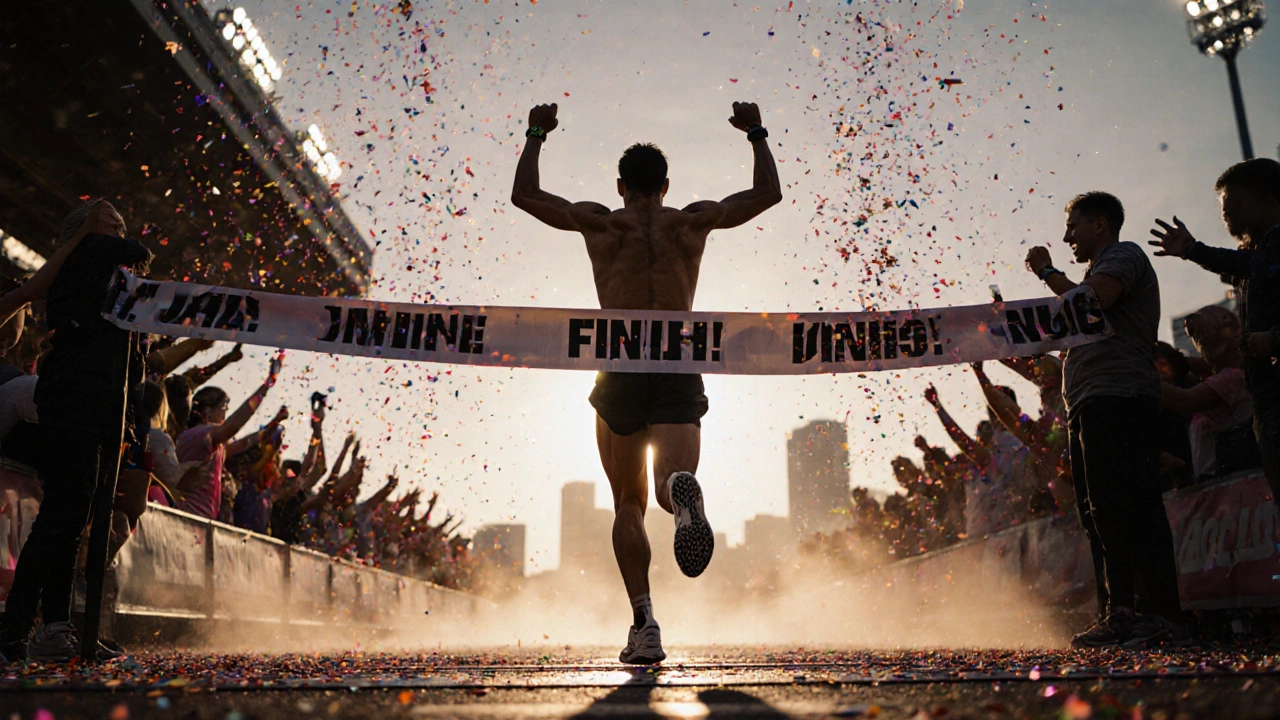 Runner crossing a marathon finish line with dramatic lighting.
