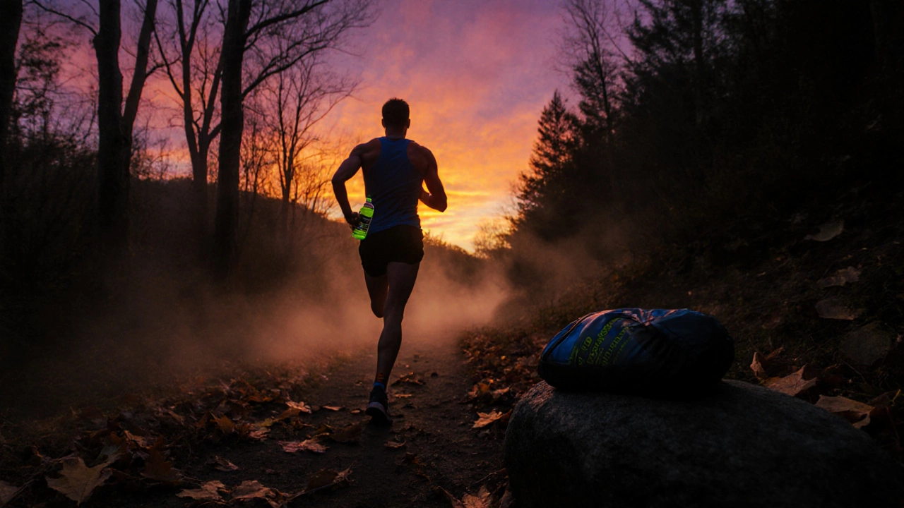 Runner finishes 20‑mile trail at dusk, holding electrolyte drink.