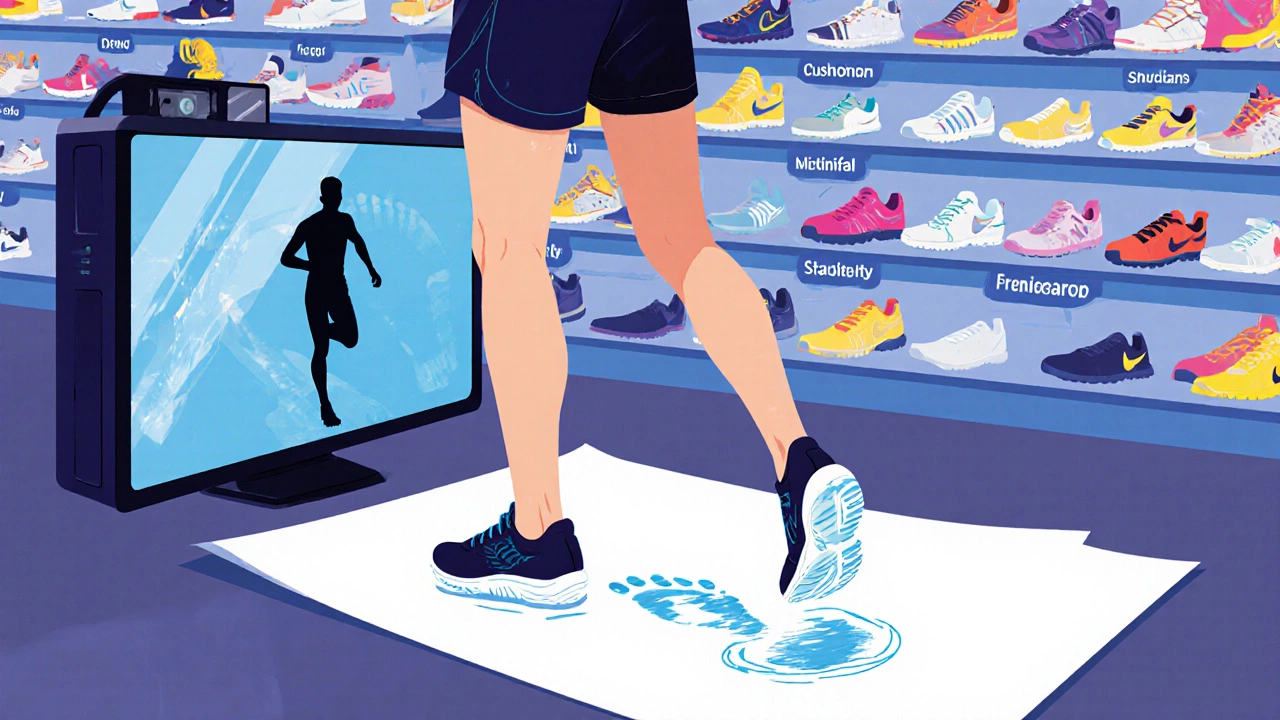 Runner with wet footprint in a store, captured by gait analysis camera.