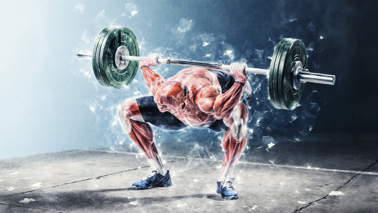 Side view of a lifter doing a perfect squat with highlighted muscles and form cues.