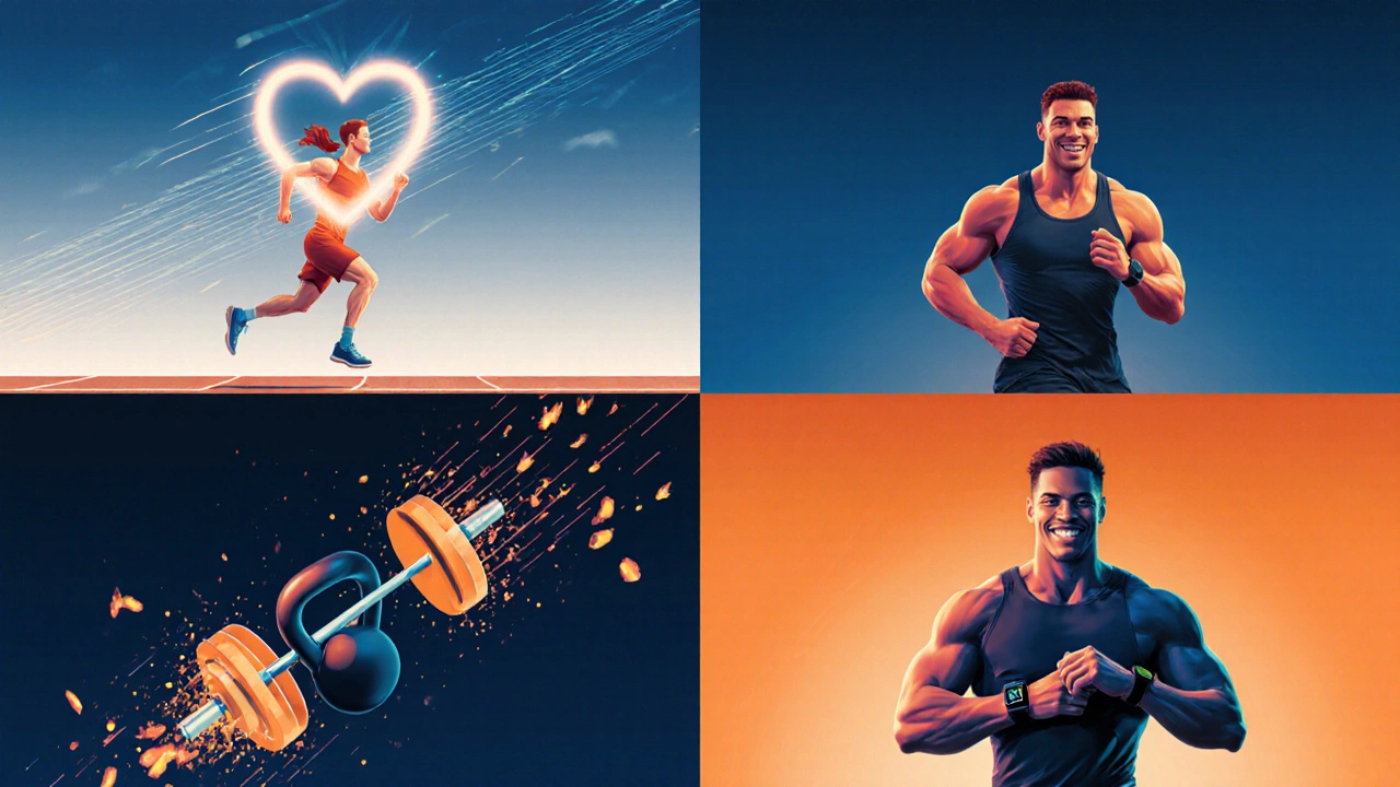 Split illustration of athlete showing heart health, technique, metabolism, and habit.