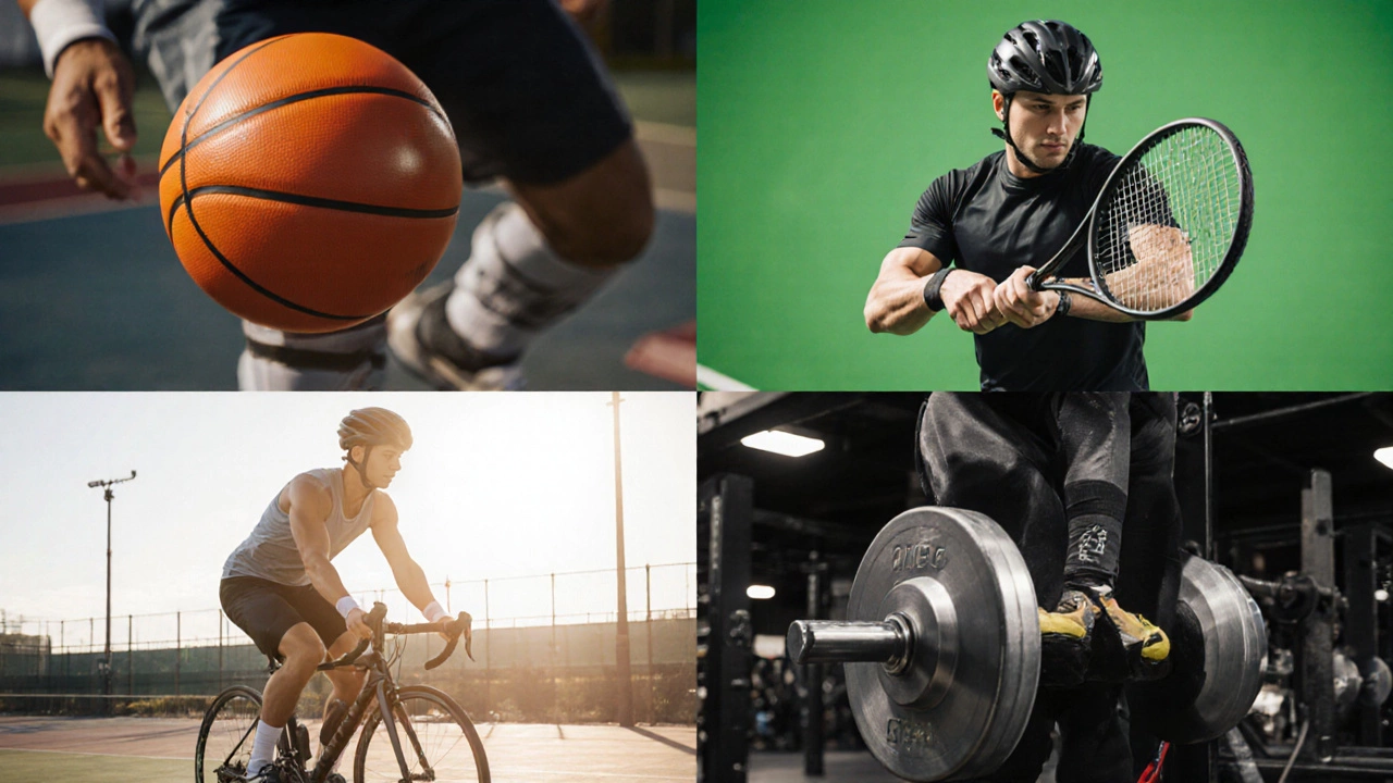 Split-screen action showing basketball, tennis, cycling with helmet, and weightlifting scenes.