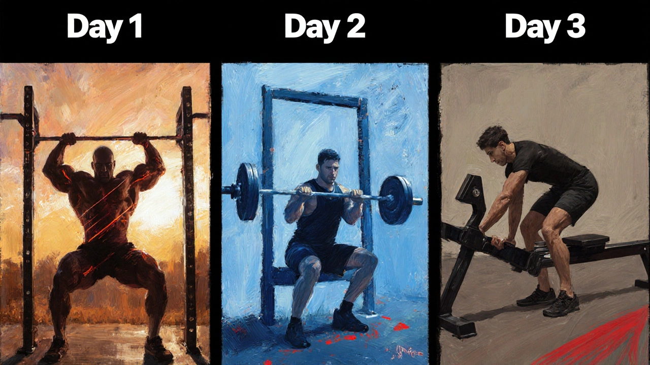 Three‑panel artwork showing Day 1 squat, Day 2 bench and overhead press, and Day 3 barbell row.