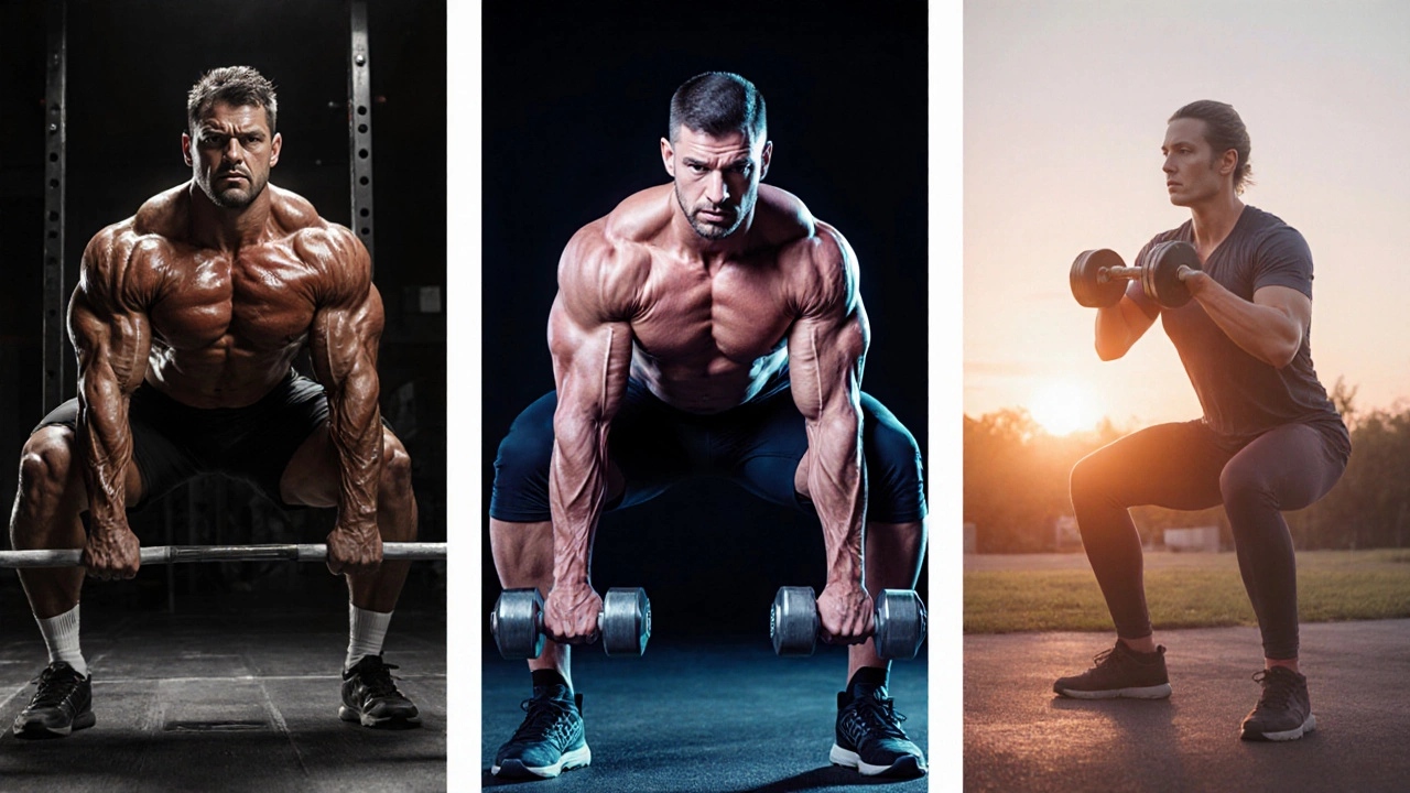 Three panels showing heavy, moderate, and bodyweight squats for different goals.