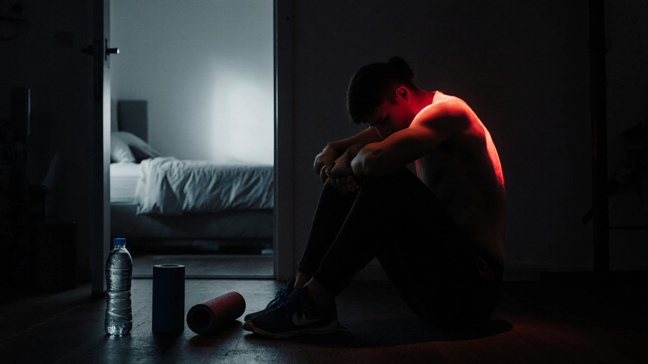 Tired athlete beside recovery tools with a bedroom hinting at sleep.