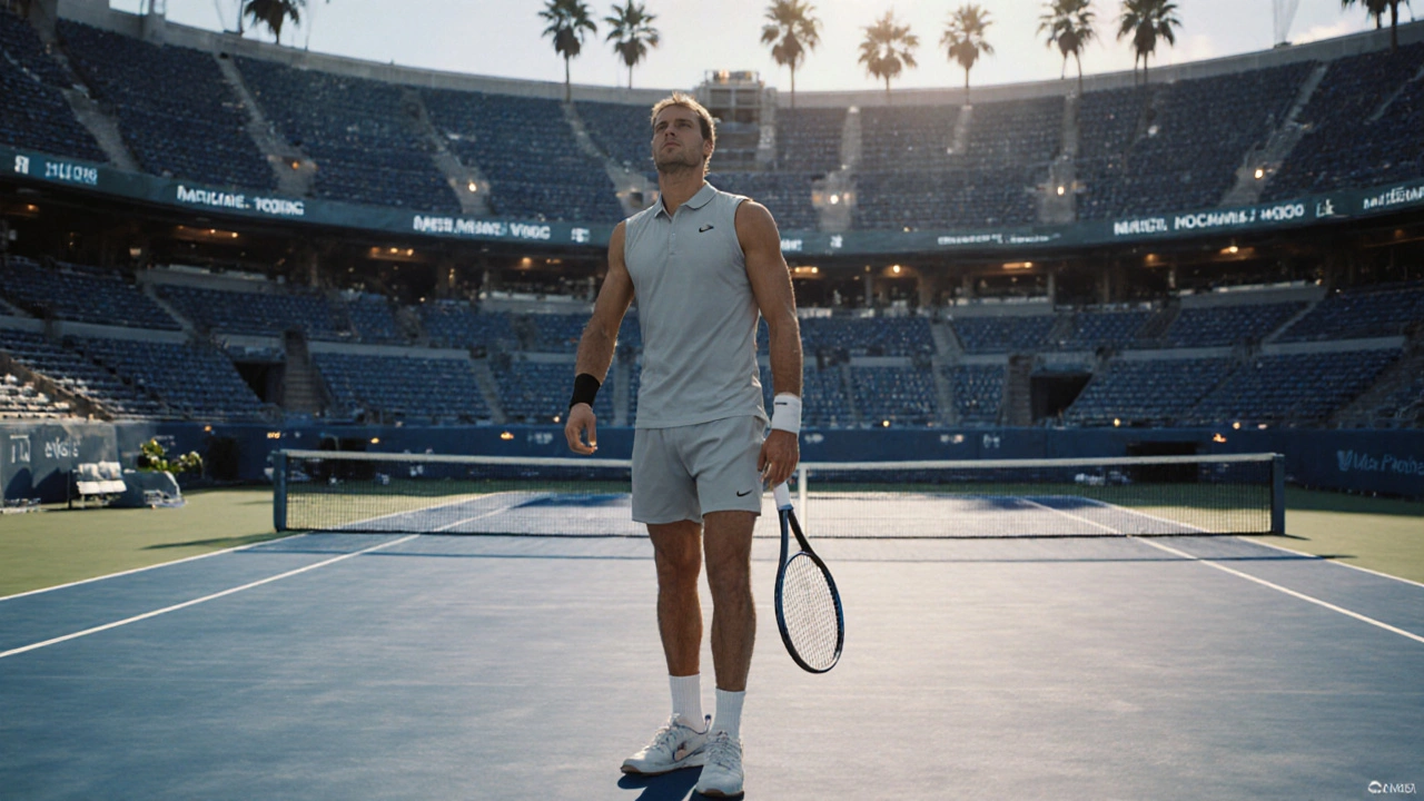 Top seed standing alone on a quiet Miami Open hard court after receiving a bye.
