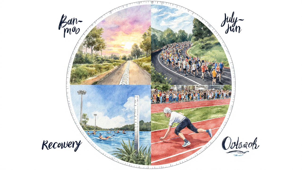 Watercolor calendar showing four phases of a yearly marathon training plan.